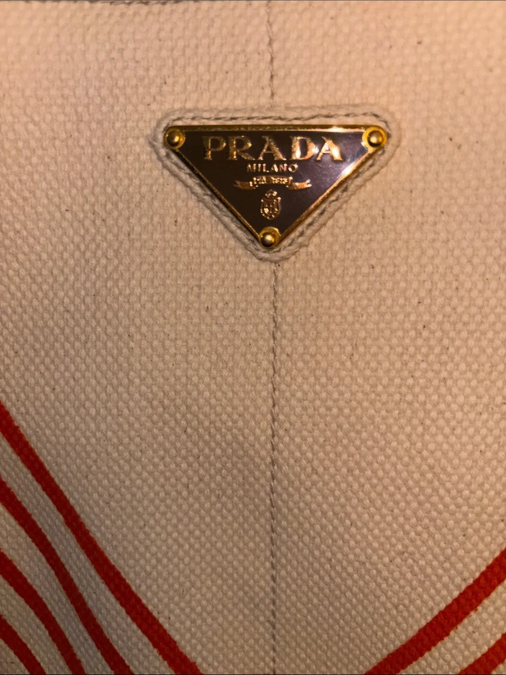Prada Canvas Tote Bag with Orange Stripe Accent